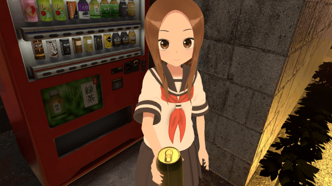高木さんと一緒にジュースが飲める。そして、手渡されたジュースを使って高木さんと缶入れゲーム体験が始まります。
