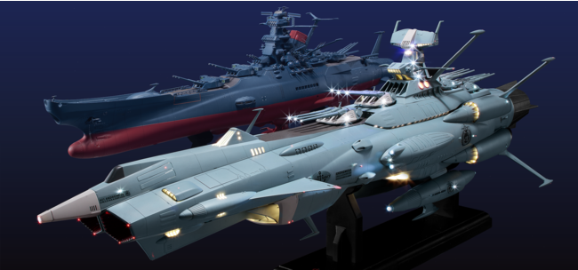 （手前）前衛武装宇宙艦 AAA-1 アンドロメダ 1／350スケールモデル 完成モデル （奥）宇宙戦艦ヤマト2202ダイキャストギミックモデルをつくる 完成モデル