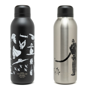 ステンレスボトル （左：風の谷のナウシカ、右：天空の城ラピュタ)　 各3,520円 作中の象徴的なシーンを抜き出しシルエットで表現した 味のあるデザインのボトル。