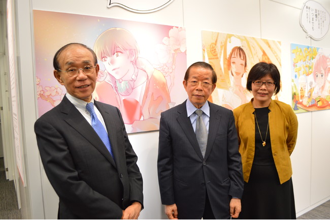 「ありがとう日本」イラスト展：写真左より谷崎泰明・日本台湾交流協会理事長、謝長廷・駐日代表、王淑芳・台湾文化センター長