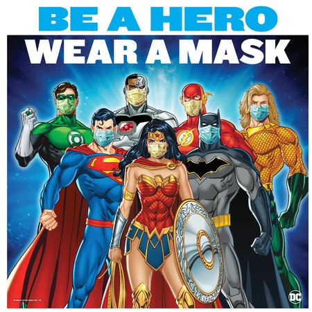 ▲DC展会場内に掲示のサイン：ヒーローたちもマスクを着用