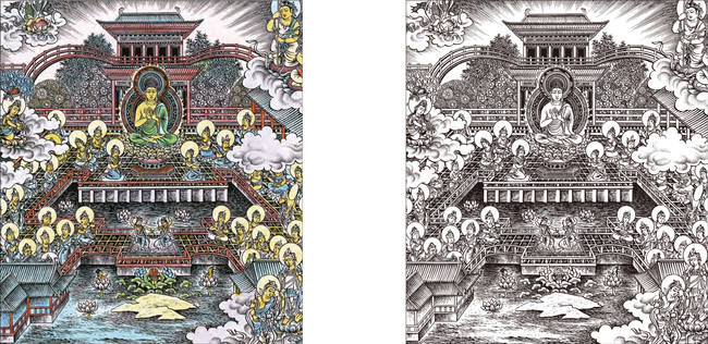 ３ 往生要集「阿弥陀の浄土」（左）原画　（右）塗り絵　                      Tokuma Shoten　©Mizuki Production