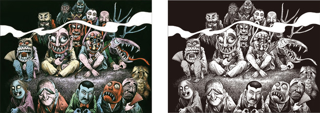 ６ 朝鮮「悪霊の世と先祖の国」（左）原画　（右）塗り絵　Tokuma Shoten　©Mizuki Production