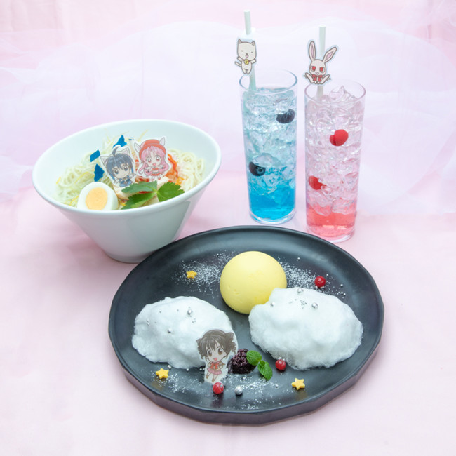 (左より)タクトとめろこのねぎラーメン 1,540円、満月のまんげつチーズケーキ 1,540円、タクトのアップルビネガーゼリードリンク 880円、めろこのピーチビネガーゼリードリンク 880円