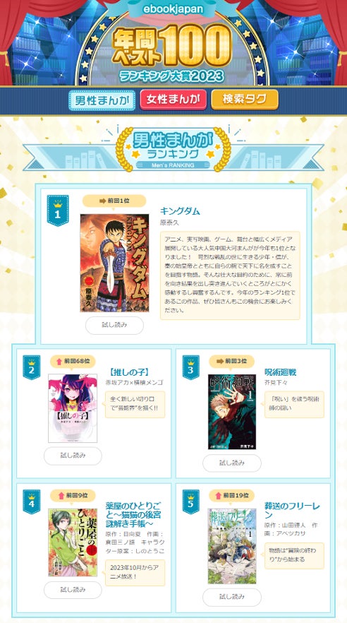 ebookjapanで2023年に売れた上位100作品を発表！男性まんが1位は『キングダム』、女性まんが1位は『薬屋のひとりごと』