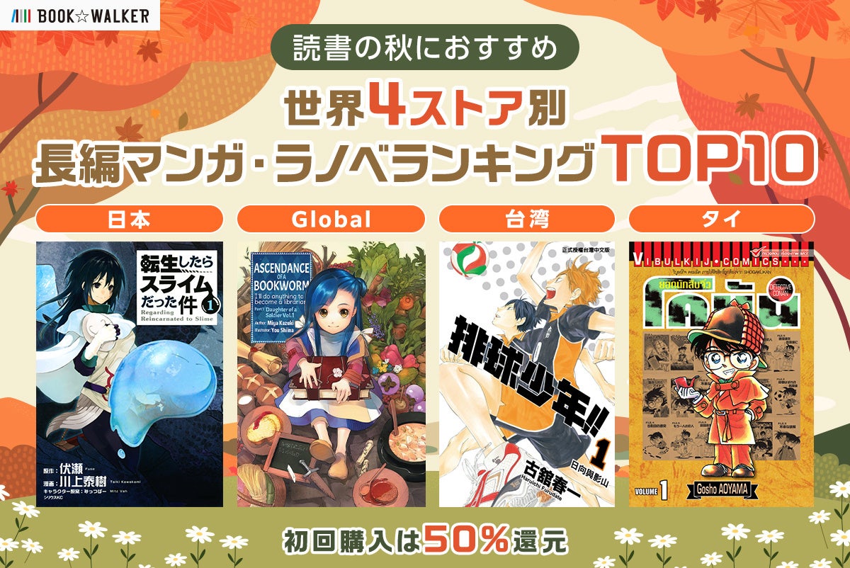 【BOOK☆WALKER売上ランキング】世界4ストア別の長編マンガ・ラノベTOP10を発表タイは『名探偵コナン』、台湾は『ハイキュー』が1位に