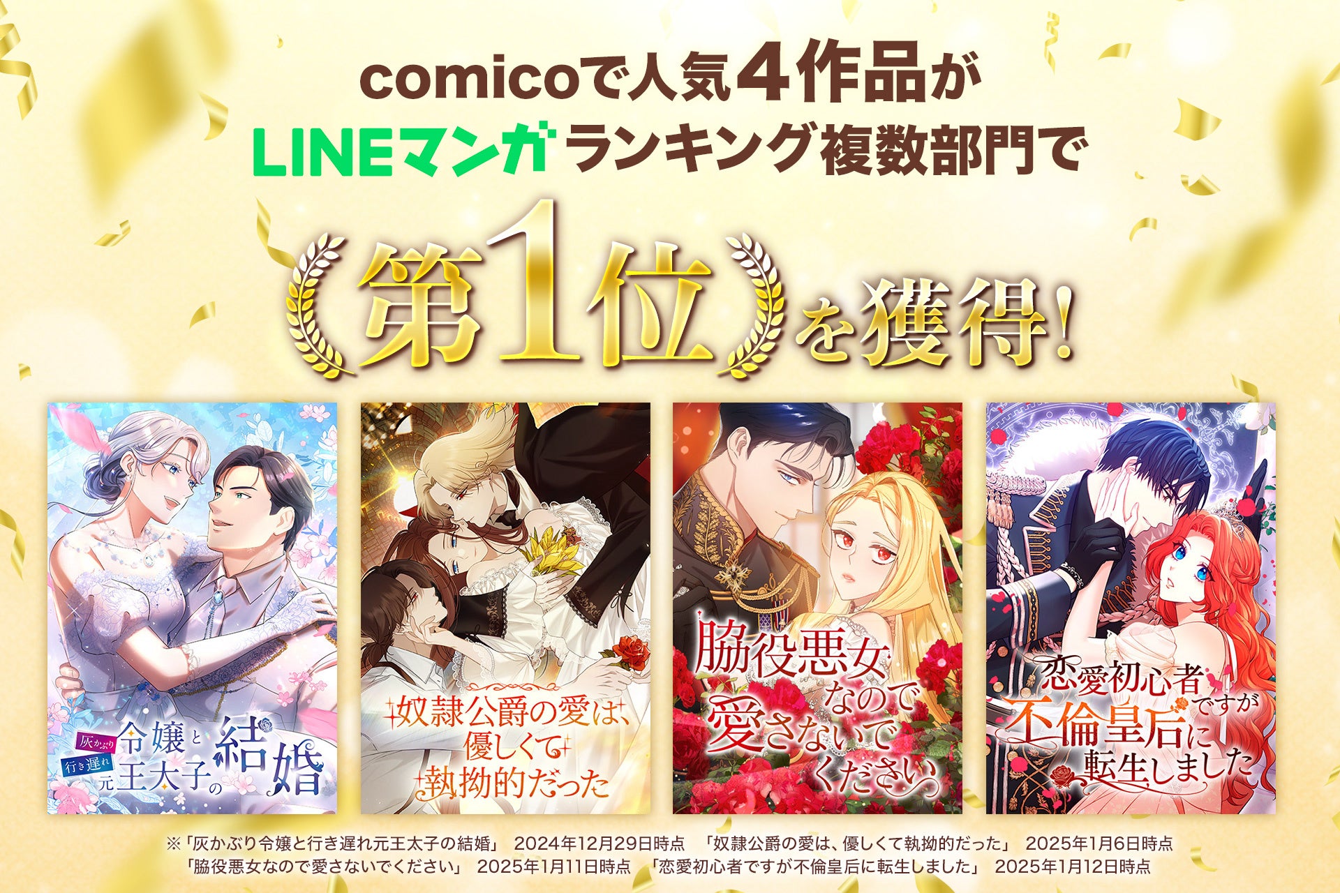 comicoのオリジナルWEBTOON『灰かぶり令嬢と行き遅れ元王太子の結婚』LINEマンガで10冠達成！