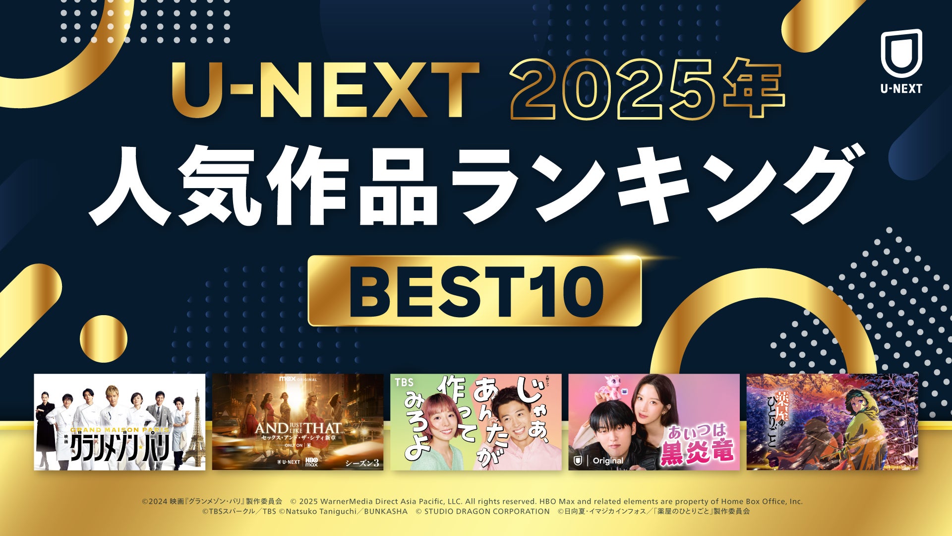 「2025年 U-NEXT人気作品ランキング」を発表!大きな反響を呼んだ映画『グランメゾン・パリ』『じゃあ、あんたが作ってみろよ』などが各ジャンル1位に