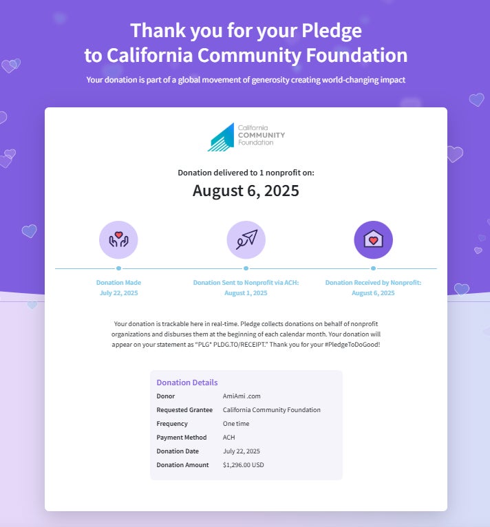 大網株式会社：『あみあみ25周年チャリティTシャツ』売上金寄付のご報告