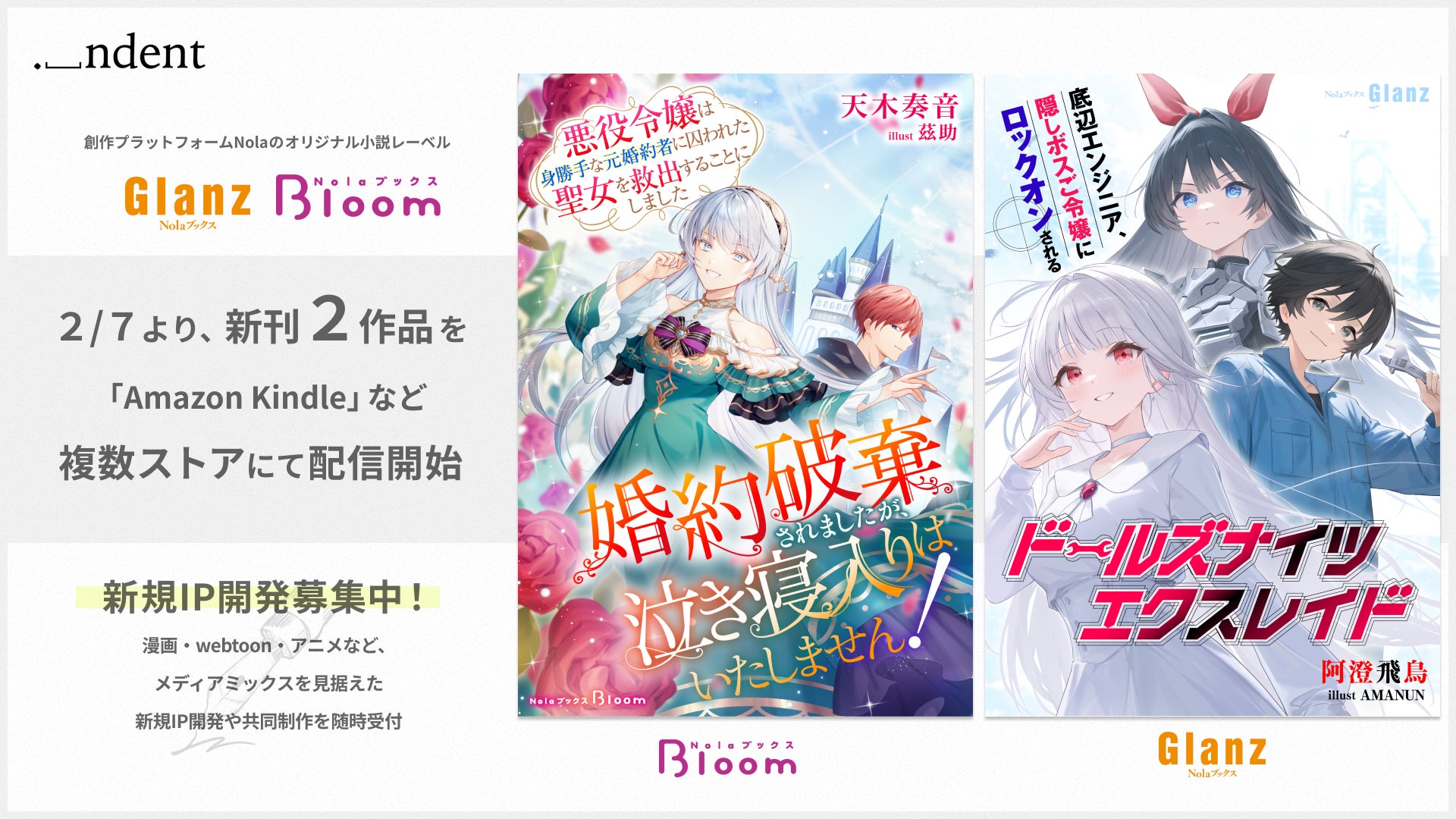 「NolaブックスGlanz」＆「NolaブックスBloom」、『婚約破棄されましたが、泣き寝入りはいたしません！』『ドールズナイツ エクスレイド』、2月7日（土）より複数ストアにて配信開始！