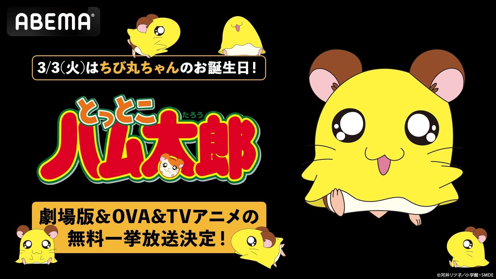 「ハムちゃんず」の末っ子・ちび丸ちゃん誕生日当日・3月3日（火）昼12時より「ABEMA」で『とっとこハム太郎』劇場版全4作品＆OVA4作品を無料一挙放送！TVシリーズ１・２期全話の無料一挙放送も決定