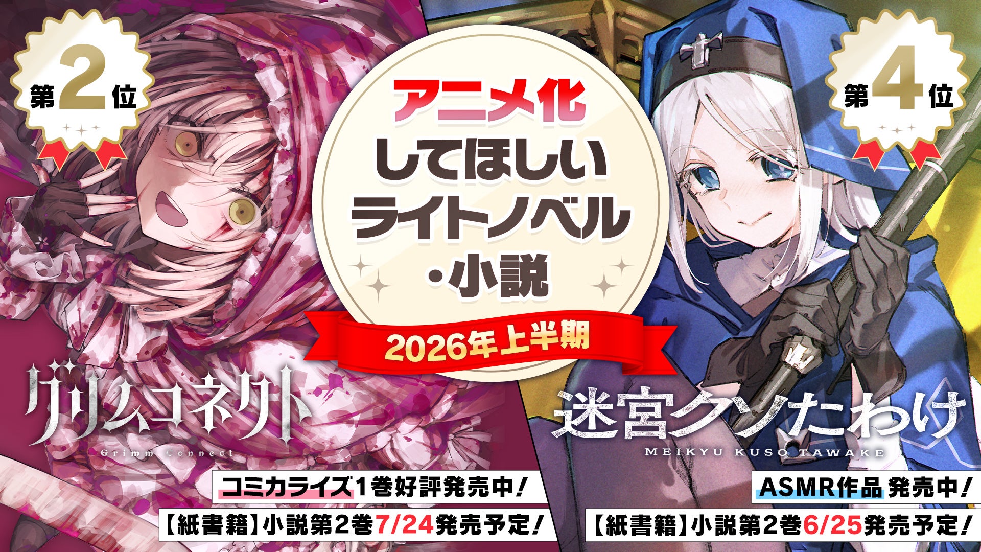 「アニメ化してほしいライトノベル・小説2026上半期」にてダンガン文庫から2作品がランクイン！『グリムコネクト』2位、『迷宮クソたわけ』4位を獲得！