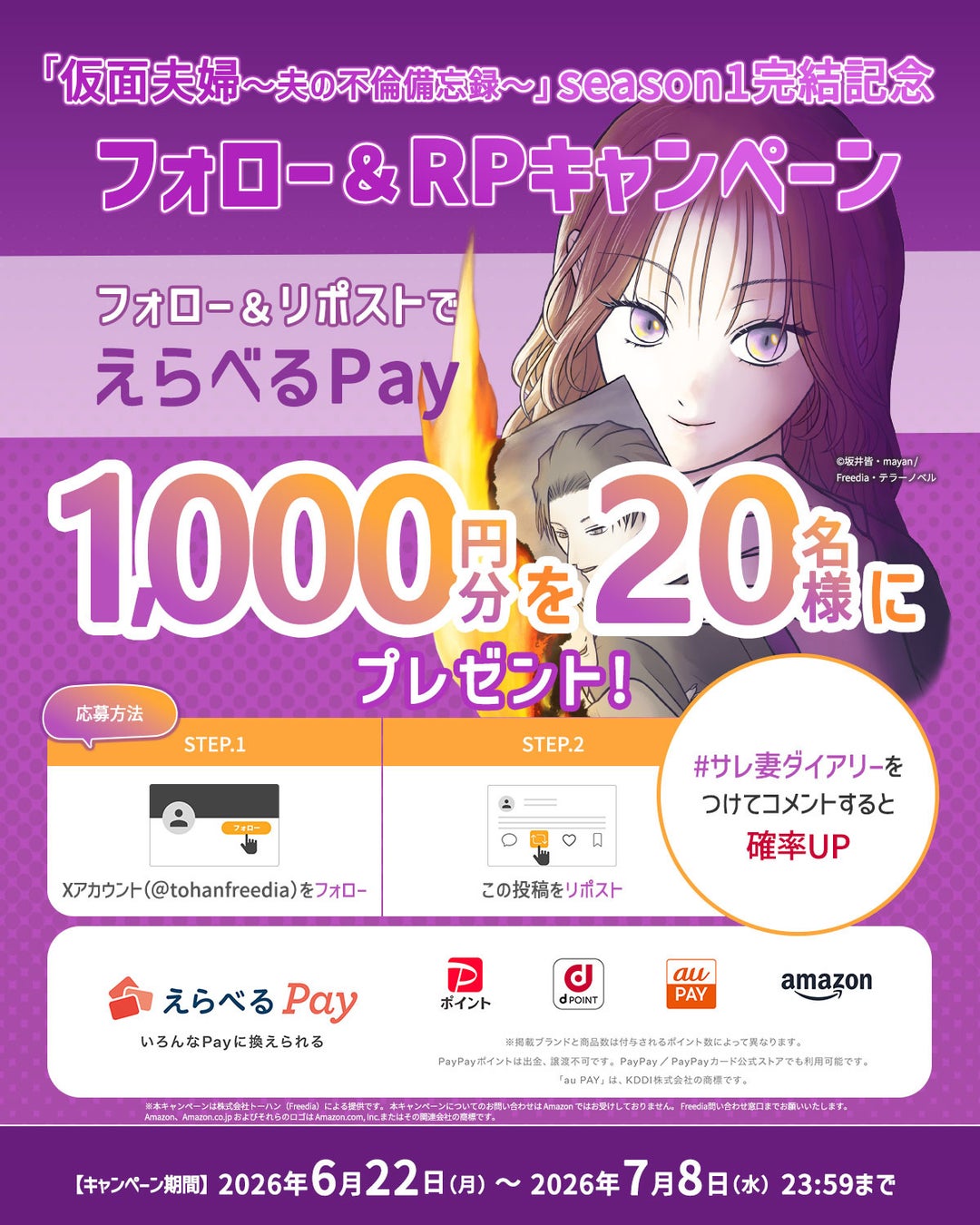 トーハン×テラーノベル「テラーコミックス」『仮面夫婦～夫の不倫備忘録～』season１完結記念 SNSプレゼントキャンペーンを6月22日より実施