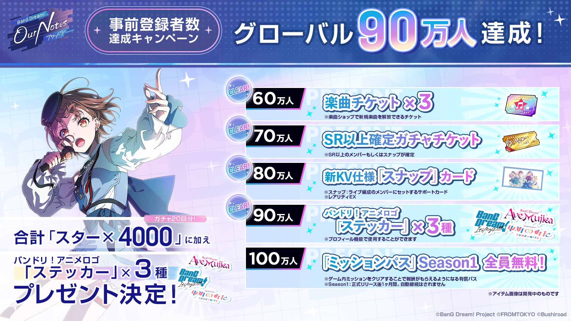 新作リズムゲーム「BanG Dream! Our Notes」事前登録者数がグローバル90万人達成！100万人までの達成報酬も引き続き展開中！